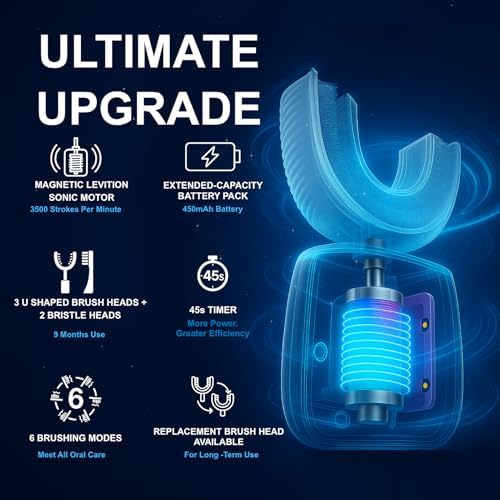 Kids U Shaped Electric Toothbrush Ultrasonic Automatic Brush with 5 Brush Head 6 Clean Modes IPX7 Waterproof Whole Mouth Rechargeable Smart Timer Toothbrushes for Children Age 2-7 (Blue)
