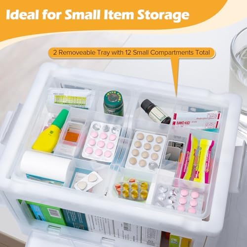 Extra Large Medicine Storage Box with Handles, First Aid Box Clear Medical Supply Organizer with Removable Tray, Multipurpose Plastic Medicine Chest with Wheels