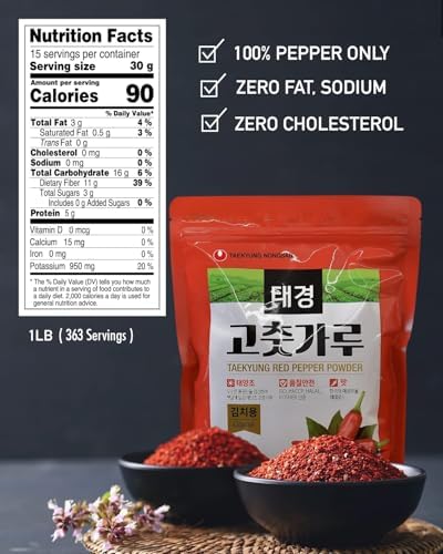 NONGSHIM TAEKYUNG Korean Chili Powder, Gochugaru Chili Flakes. Kimchi Powder (Flake, 1lb) - 100% Red Pepper Flakes for Korean & Asian Food. MSG Free.