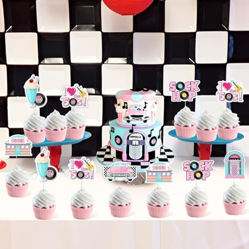 50s Cupcake Toppers 24pcs 1950s Birthday Decorations Sock Hop Cake Deors Rock and Roll 1950s Party Decors for Retro Hip Hop Theme Back to 50s 60s Party Supplies