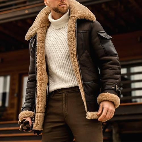 Vintage Fur Collar Sherpa Leather Coat for Men Winter Warm Thicken Leather Jacket Classic Motorcycle Bomber Overcoat