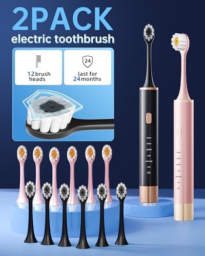 Black & Pink Electric Toothbrush for Adults, 2 Pack Toothbrush，USB Rechargeable Sonic Toothbrush with 12 Brush Heads, Smart Timer, 6 Modes, 2-Hour Fast Charge Last 30 Days