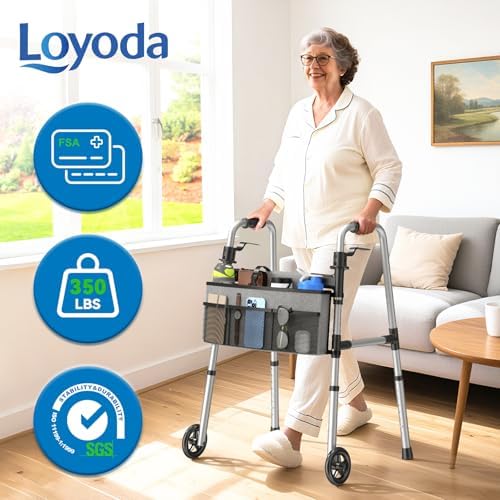 Loyoda Folding Walker with Basket and Glide Skis, 5" Wheels Lightweight Walkers for Seniors and Adults, Supports Up to 350 Pounds, Adjustable Height, Compact Standard Walker