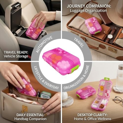 Pill Organizer with Medicine Labels Travel Daily Pill Container Mini Medication Organizer Storage Pill Organizer Travel Essentials Pill Case 7 Day (Purple& 161 Lables)