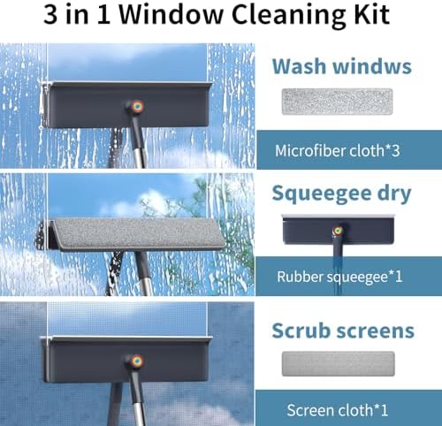 3 in 1 Window Squeegee for Home, Window Cleaning Kit with 60" Extension Pole, Professional Window Cleaner Tool for Outdoor Windows, Glass, Mirrors, Screens with 3 Microfiber Cloths & Screen Brush