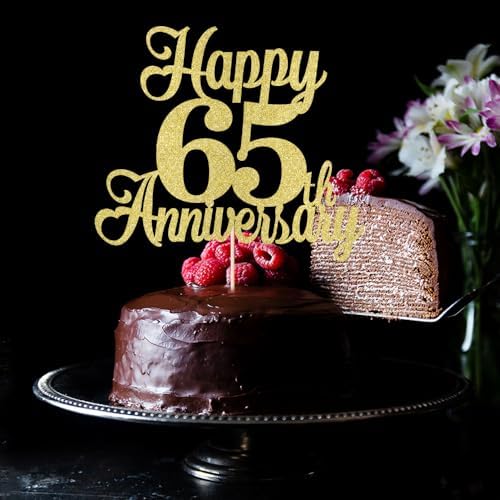 Kaoenla Happy 65th Anniversary Cake Topper - Gold Glitter Decorations for Wedding & Birthday Parties