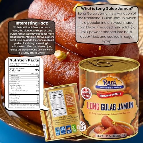 Rani Gulab Jamun Long (w/ Cardamom Flavored Sugar Syrup) 35.3oz (2.2lbs) 1kg, Approximately 14 pieces, Easy Open Lid ~ Ready to eat | Non-GMO | Kosher | Indian Origin