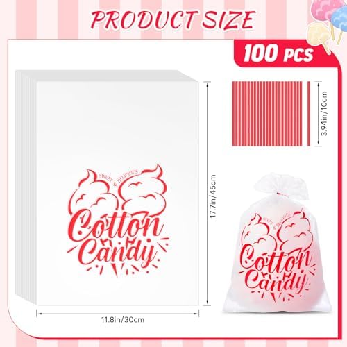 100PCS Cotton Candy Bags, 11.8x17.7 Inch Candy Supplies Perfect for Sticks and Cones, Cotton Candys Bulk Accessories for Carnivals