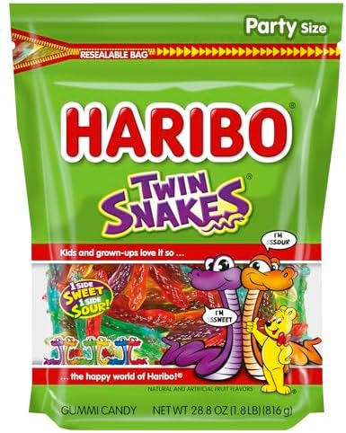 HARIBO Gummi Candy, Twin Snakes Sweet & Sour Gummy Candy, 28.8 Ounce Resealable Party Size Stand Up Bag, Soft & Chewy Snacks, Assorted Fruity Flavors