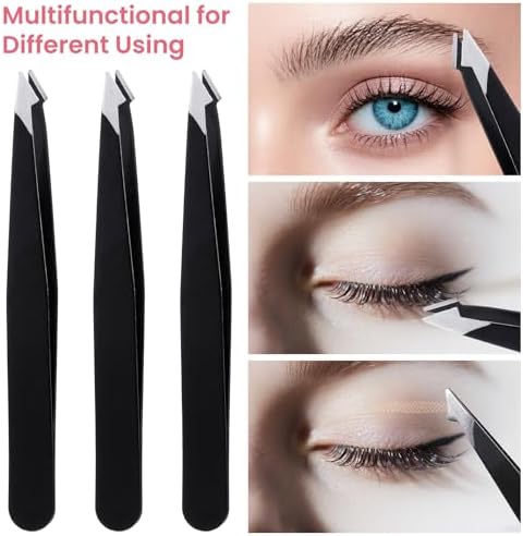 3 Pack Tweezers for Eyebrows, Stainless Steel Pointed Tip Ingrown Hair Removal Tweezers Black Slanted Angled Tweezer Set for Women Men Precision for Eyebrows Facial Ingrown Hair and Splinter Removal