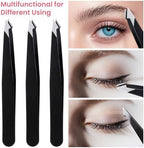 3 Pack Tweezers for Eyebrows, Stainless Steel Pointed Tip Ingrown Hair Removal Tweezers Black Slanted Angled Tweezer Set for Women Men Precision for Eyebrows Facial Ingrown Hair and Splinter Removal