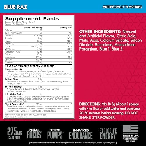 BSN N.O.-XPLODE Pre Workout Powder, Energy Supplement for Men and Women with Creatine and Beta-Alanine, Blue Raz, 16 Servings, 0.65 Pound