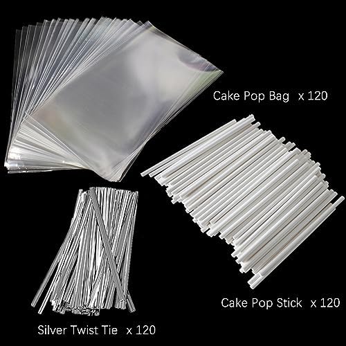 360 PCS Cake Pop Sticks and Wrappers Ties Kit, Including 120ct 6-inch Paper Lollipop Sticks, 120ct Cake Pop Parcel Bags, 100ct Silver Twist Ties for Candy Making Packaging Supplies
