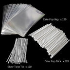 360 PCS Cake Pop Sticks and Wrappers Ties Kit, Including 120ct 6-inch Paper Lollipop Sticks, 120ct Cake Pop Parcel Bags, 100ct Silver Twist Ties for Candy Making Packaging Supplies