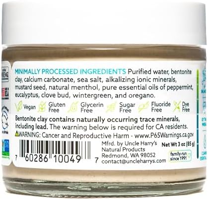 Uncle Harry's Natural & Fluoride-Free Remineralizing Toothpaste - Freshens Breath & Strengthens Enamel - Peppermint, 3 Ounce (Pack of 6)