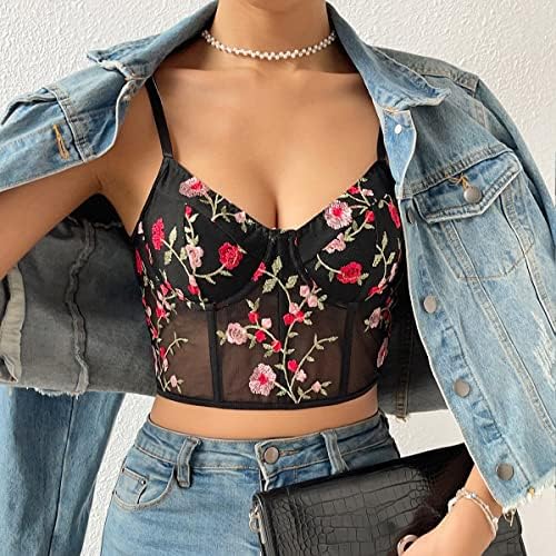 Testudineus Women's Floral Embroidery Corset Crop Top Sheer Mesh Sleeveless Slim Tank Top Disco Party Club Top Tee