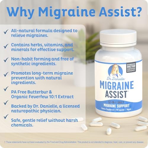 Best Migraine Relief Product with Magnesium - Migraine Assist Supplement with Quercetin, Feverfew, Butterbur, CoQ10 from Dr. Danielle, 90 Capsules
