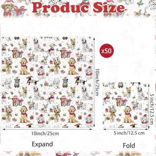 Glenmal 50 Pcs Holiday Pet Napkins Disposable Christmas Decoupage Napkin Pack 5" x 5" Christmas Dog Cocktail Napkins for Xmas Themed Party Holiday Gifts