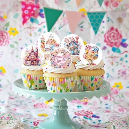 36PCS Edible Candyland Cupcake Toppers Wafer Paper Sweet Candy Cupcake Decor Wafer Sheet Edible Candy Dessert Picks for Candy Theme Birthday Baby Shower Party Decor