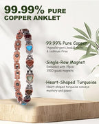 MagEnergy Copper Ankle Bracelet for Women & Lymphatic Drainage Ring, Turquoise 99.99% Pure Copper Magnetic Bracelet with 3500 Gauss Magnets, Adjustable