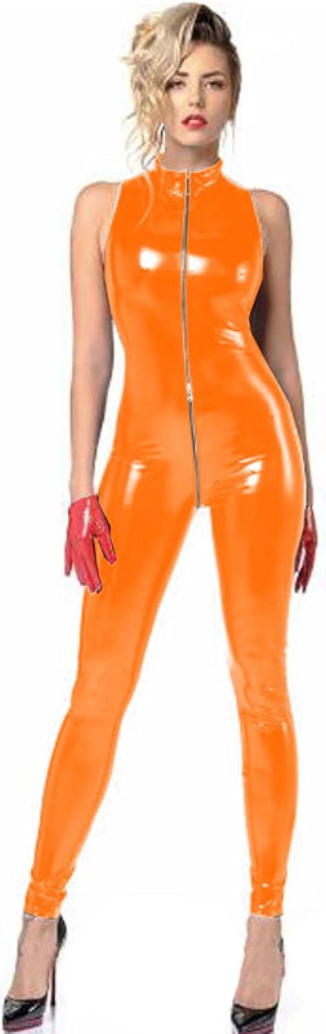 JXUN Plus Size Sexy Sleeveless PVC Catsuit Women Zipper To Crotch Bodycon Jumpsuit Cosplay Costume Nightclub Party Uniform,Orange,4XL