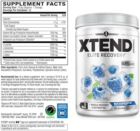 Xtend Original BCAA Powder, 7g BCAAs and 2.5g L-Glutamine for Muscle Recovery Hydration and Lean Muscle, Sugar Free Intra and Post Workout Drink with Electrolytes, Blue Raspberry Ice, 30 Servings