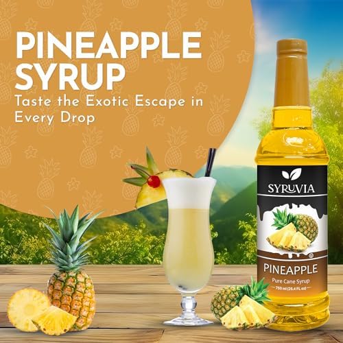 Pineapple Syrup by Syruvia 6-Pack, 25.4 fl oz, Wholesale Coffee Syrup Shops, Cafes, Baristas, Bistros, & Beverage Bars, Bulk Kosher & Gluten-Free