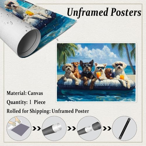 Dogs Pool Party Canvas Funny Summer Beach Art Playful Dog Wall Decor Vibrant Poolside Scene Cute Animal Print Posters for Pet Lovers Lounge Bathroom Kids Room Decor 11x14in Unframed
