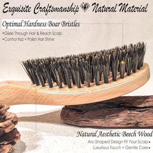 Boar Bristle Hair Brush, 100% Pure Boar Bristles Natural Wooden Slick Back Hairbrush Detangling Women Men Kids Thin Fine Hair, Reduce Frizz Smooth & Shine
