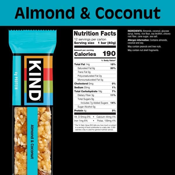 KIND Nut Bars, Almond & Coconut, Healthy Snack Bars, Gluten Free, Low Sodium, 3g Protein, 12 Count