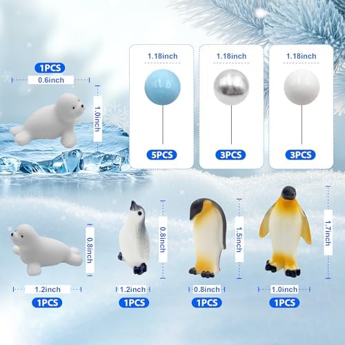 Penguin Cake Decorations Seal Cake Topper Arctic Cupcake Topper Polar Animal Figurines Mini Penguin Themed Cake Toppers Blue White Silver Ball Toppers for Birthday Winter Christmas Party