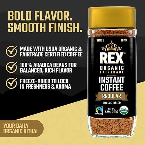 Rex Organic Fairtrade Freeze-Dried Instant Coffee – Medium Roast Arabica, 3.53 oz Glass Jar – USDA Organic & Fairtrade Certified, Lab Tested for Mold & Mycotoxins