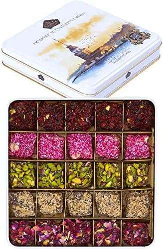 Cerez Pazari Turkish Delight In 4 Flavours, With Pistachio, Hazelnut & Walnut, Assorted Gourmet Lokum In Elegant Tin Gift Box, Sweet Traditional Soft Candy Dessert 25 Pcs, 1.1 lb (500g)