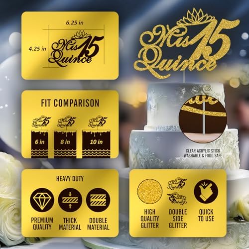 Mis Quince 15 Quinceanera Glitter Cake Topper, Fifteen Birthday Party Decorations Ideas, Premium Quality Decoration, Sturdy Doubled Sided Glitter, Acrylic Stick. Made in USA (Gold)