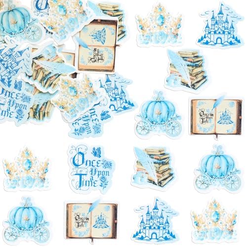 Ephlyn 54Pcs Edible Once Upon A Time Birthday Cupcake Toppers Wafer Paper Fairytale Book Party Castle Opening Magic Book Cupcake Picks for Princess Party Cake Decoration Supplies Blue
