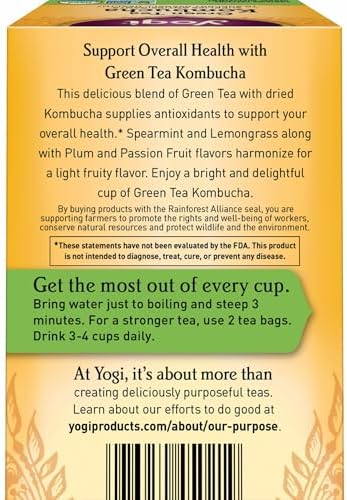Yogi Tea Green Kombucha Tea - 16 Bags per Pack (4 Packs) - Organic - With Kombucha to Support Overall Health - Includes Lemongrass, Spearmint Leaf & More