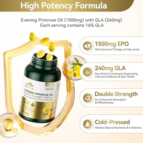 1500mg Evening Primrose Oil Capsules for Women | 240mg High GLA (16%) for Hormonal Balance & Skin Health (1 Bottle-120 Softgels-2mo Supply) Menopause Supplements | Non-GMO, Gluten-Free, Cold Pressed
