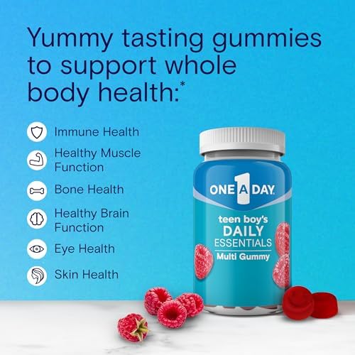 One A Day Teen Boy’s Daily Essentials Multivitamin Gummies, Teen Boy Vitamins with Vitamin C, Vitamin D, Bone Health, Immune Health, Raspberry Natural Flavor, 120 Gummies