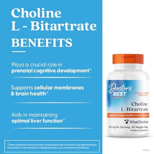 Doctor's Best Choline L-Bitartrate Supplement for Women & Men - Supports Prenatal Health & Liver Function, 550 mg Per 2 Capsule Serving, Vegan, Non-GMO, Gluten Free, Soy Free - 60 Veg Caps
