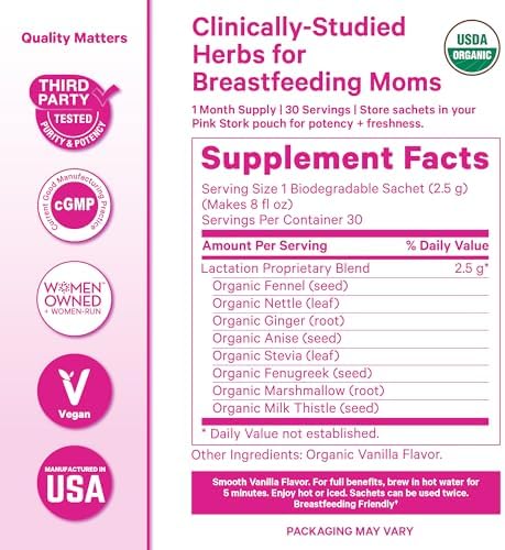 Pink Stork Organic Lactation Tea – Fenugreek, Fennel, Milk Thistle + More – Support for Breastfeeding, Pumping, Hydration, Milk Flow – Smooth Vanilla – 15 Sachets, Caffeine-Free
