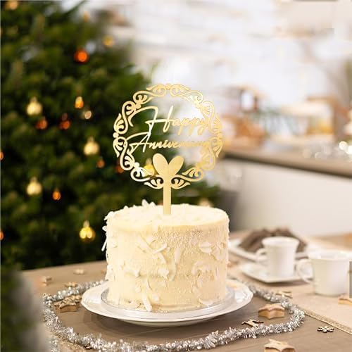 1 PCS Gold Happy Anniversary Cake Decoration, Glitter Acrylic Wedding Cake Topper, Anniversary Party Decoration Supplies for Celebrations