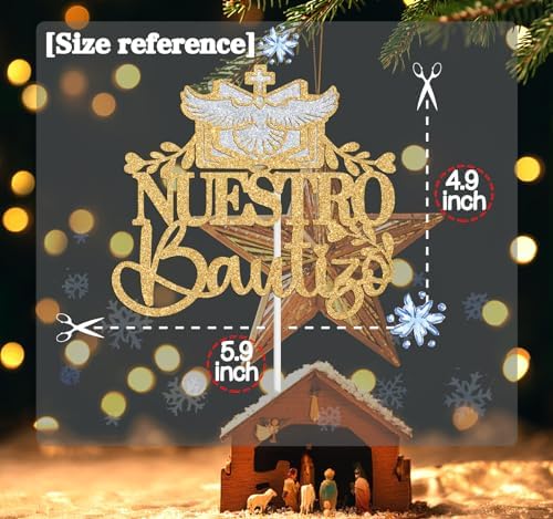 Nuestro Bautizo Cake Topper, Spanish First Holy Communion/Gold Bless, Religious Baby Shower/Baby's 1st Birthday/Baptism Party Decorations Supplies for Boys Girls, Silver and Gold Glitter