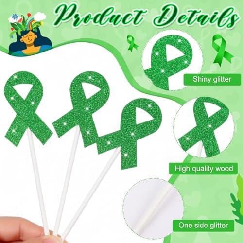 Marspark 48 Pieces Green Ribbon Cupcake Toppers Picks Cake Decorations Mental Health Awareness Cake Topper for Psychology Awareness Party