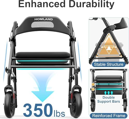 HOMLAND Foldable Rollator Walkers with Seat for Seniors, 8'' Big Wheels, 350 lb. Weight Capacity, Adjustable Handles and Seat Height, Lightweight Rolling Walker, Black