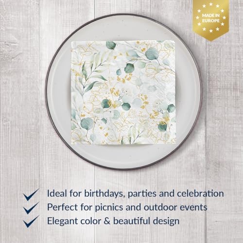 PAW - 100 Pack Floral Cocktail Napkins 5'' x 5'', Disposable Beverage Napkins with Golden Eucalyptus Motive, Floral Towels for Wedding, Birthday, Bridal Party, Decoupage, Decorative Supplies