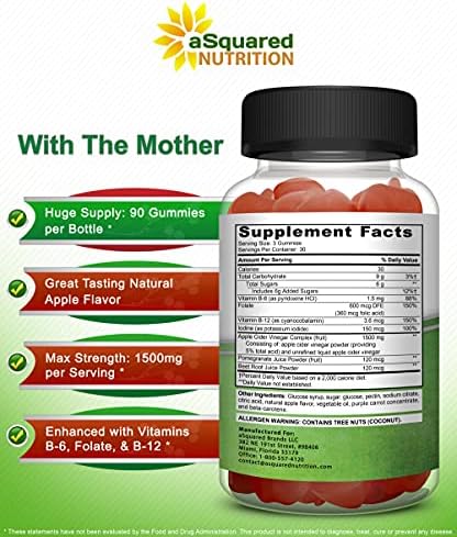 aSquared Nutrition Apple Cider Vinegar Gummies - 1500mg Per Serving - with The Mother - 90 ACV Gummies w/Vitamin B6 & B12, Folic Acid - Vegan Gummy Supplement Alternative to Capsules Pills & Drink