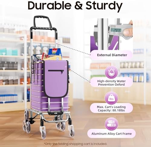 35L Folding Shopping Cart - Portable Grocery Trolley 8-Wheel Heavy-Duty Stair-Climbing Basket Cart for Groceries, Markets, Picnics & Moving