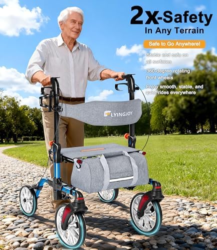 Lightweight Rollator Walker with Seat for Seniors,Foldable Rolling Walker with 4 Wheels and Brakes, All Terrain 360° Front Wheel Mobility Aid with 8” Puncture-Proof Tires, 300 lbs Capacity