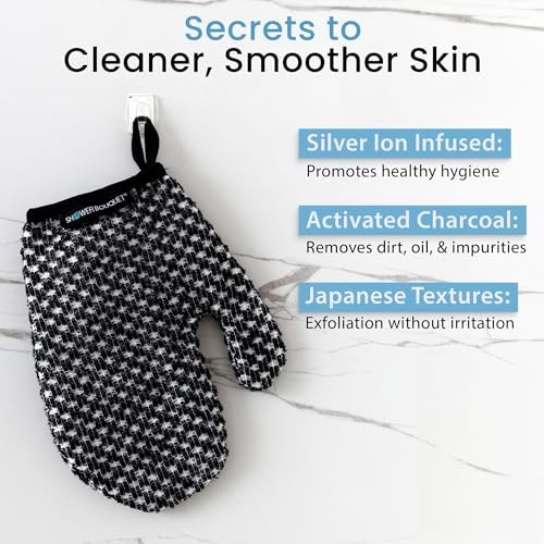 Japanese Exfoliating Mitt 2-Pack - Charcoal & Silver Ion Exfoliating Gloves for Shower - Soft Inner Fabric Gentle Exfoliation & Deep Cleansing Body Scrub Gloves for All Skin Types - 1 White, 1 Blue