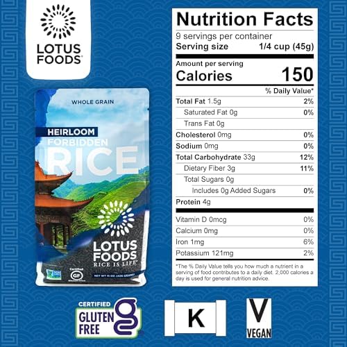 Lotus Foods Heirloom Forbidden Rice - Black Rice, Purple Rice, Black Rice Bulk, Gluten Free Heirloom Rice, Whole Grain, Non GMO, Vegan - 15 Oz Bag (Pack of 1)